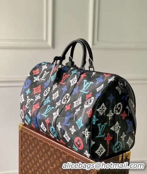 Luxury Discount Louis Vuitton Keepall Bandoulière 50 Travel Bag in LV Graffiti Orange Monogram Eclipse Canvas M21384 202