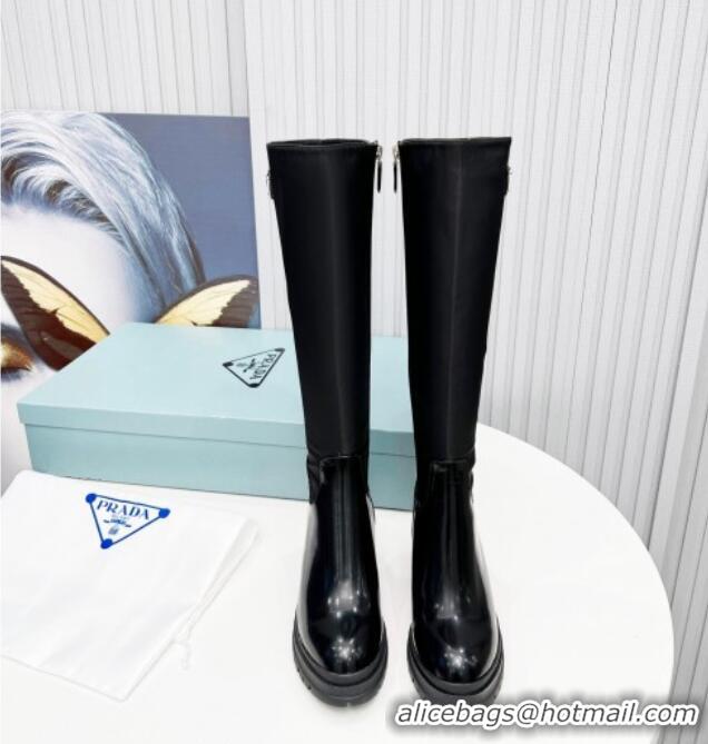 Stylish Prada Patent Leather & Fabric High Boots with 8.5cm Heel P112506 Black