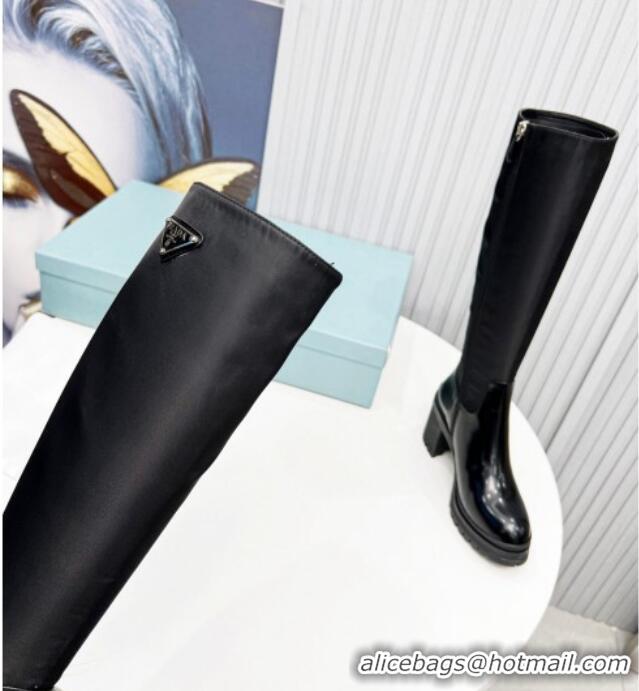 Stylish Prada Patent Leather & Fabric High Boots with 8.5cm Heel P112506 Black