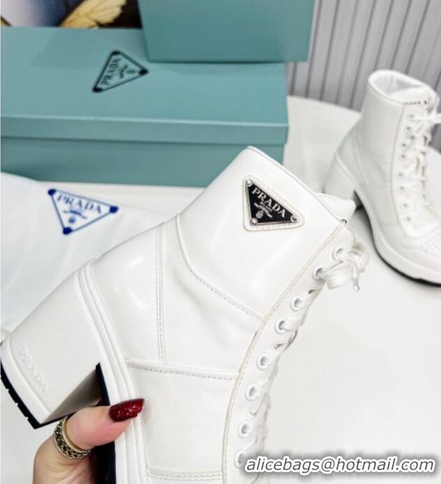 Grade Quality Prada Calf Leather Lace-up Ankle Boots 8cm White 113068