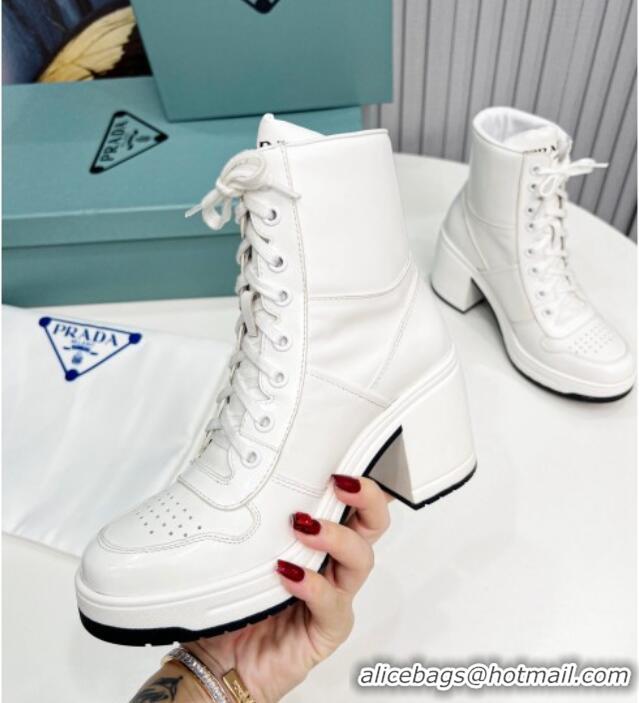 Grade Quality Prada Calf Leather Lace-up Ankle Boots 8cm White 113068