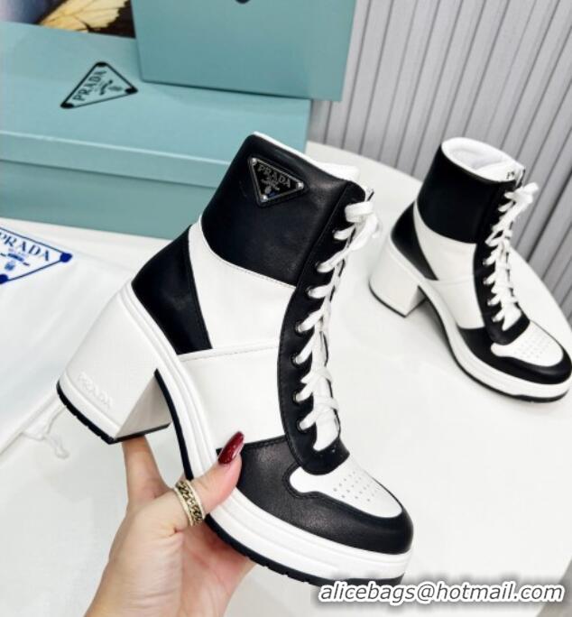 Charming Prada Calf Leather Lace-up Ankle Boots 8cm White/Black 113069