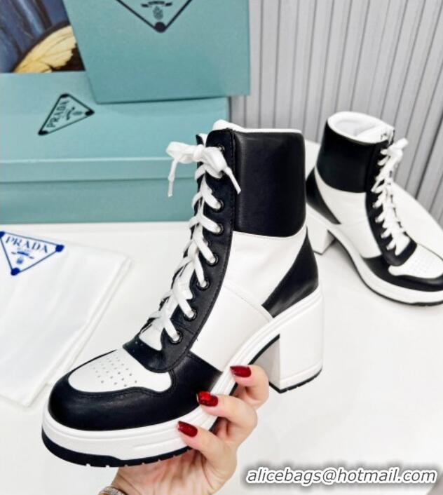 Charming Prada Calf Leather Lace-up Ankle Boots 8cm White/Black 113069