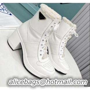 Sumptuous Prada Calf Leather and Wool Lace-up Ankle Boots 8cm White 113070