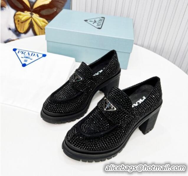 Pretty Style Prada Crystal Heel Loafers Black 113072