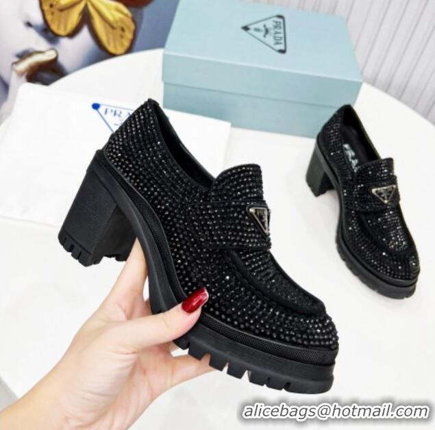 Pretty Style Prada Crystal Heel Loafers Black 113072