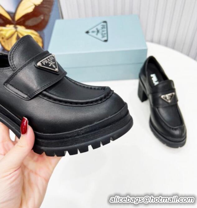 Good Quality Prada Calfskin Heel Loafers Black 113073