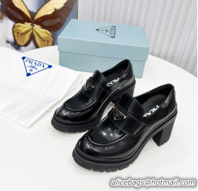 Top Grade Prada Brushed Leather Heel Loafers Black 113074