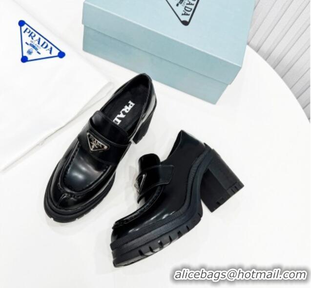 Top Grade Prada Brushed Leather Heel Loafers Black 113074