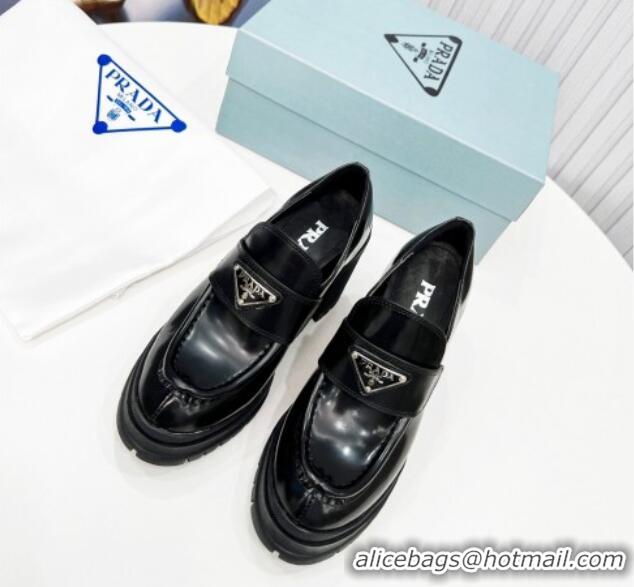 Top Grade Prada Brushed Leather Heel Loafers Black 113074