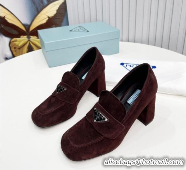 Shop Duplicate Prada Suede Medium Heel Loafers 7.5cm Brown