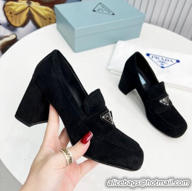 Unique Style Prada Suede Medium Heel Loafers 7.5cm Black 113076