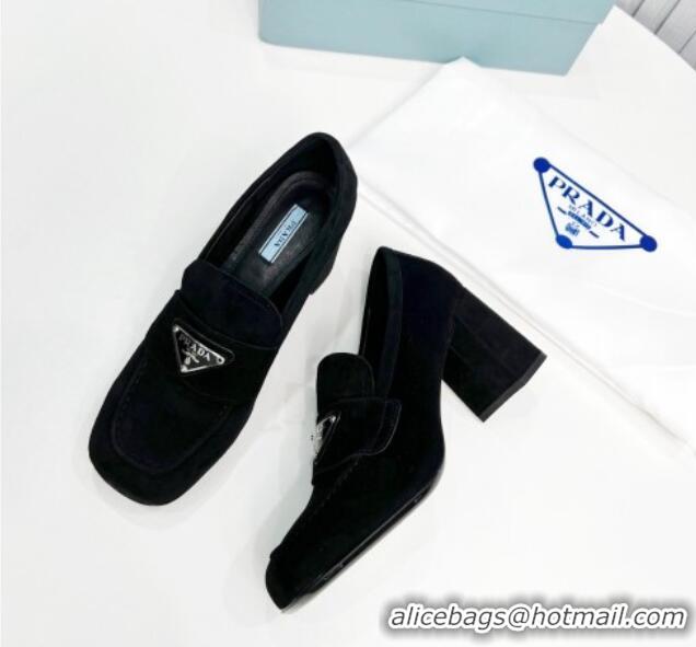 Unique Style Prada Suede Medium Heel Loafers 7.5cm Black 113076