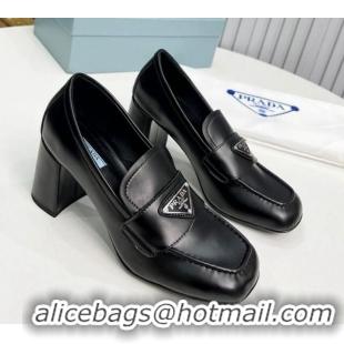 Good Looking Prada Brushed Lether Heel Loafers 7.5cm Black 113077