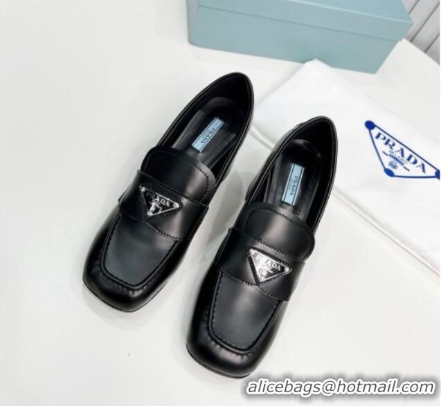 Good Looking Prada Brushed Lether Heel Loafers 7.5cm Black 113077