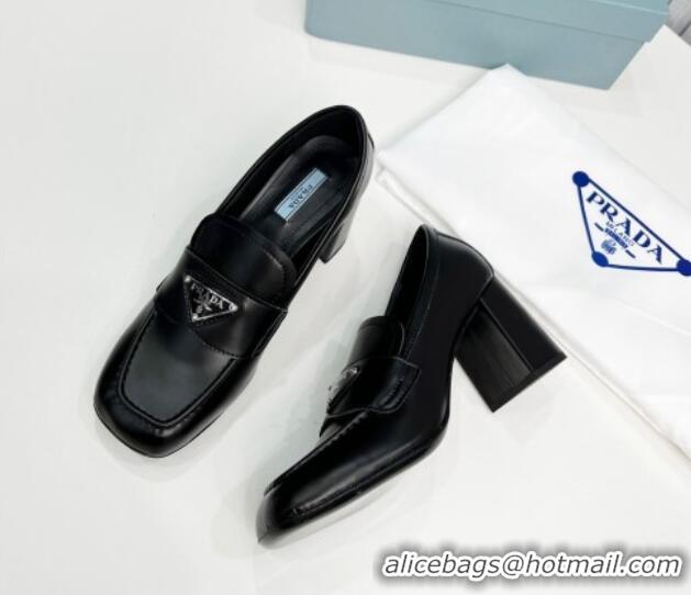 Good Looking Prada Brushed Lether Heel Loafers 7.5cm Black 113077