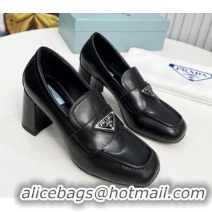 Perfect Prada Calf Leather Medium Heel Loafers 7.5cm Black 113078