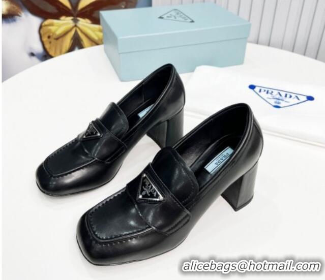 Perfect Prada Calf Leather Medium Heel Loafers 7.5cm Black 113078