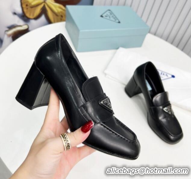 Perfect Prada Calf Leather Medium Heel Loafers 7.5cm Black 113078