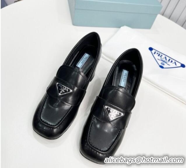 Perfect Prada Calf Leather Medium Heel Loafers 7.5cm Black 113078