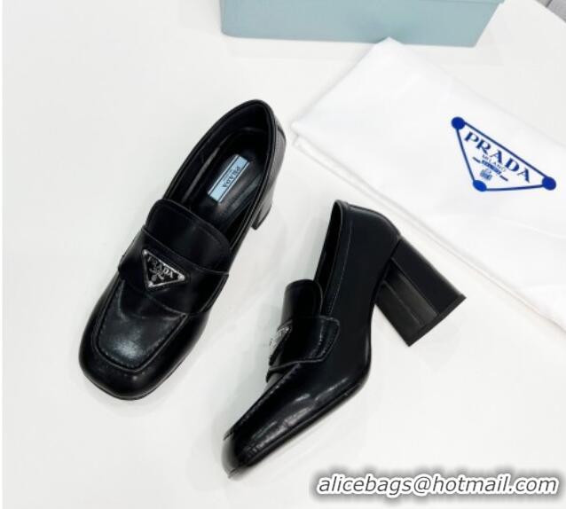 Perfect Prada Calf Leather Medium Heel Loafers 7.5cm Black 113078