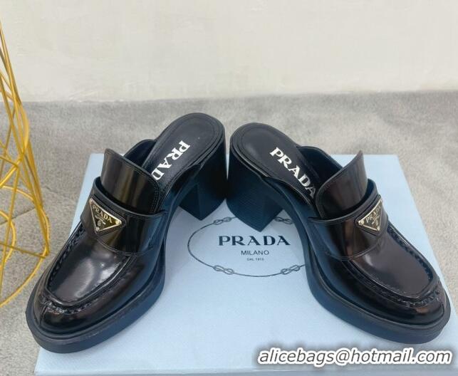 Top Design Prada Brushed Leather High Heel Mules 8.5cm Black 113083