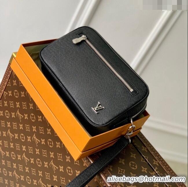 Low Cost Louis Vuitton Pochette Kasai Clutch in Black Taiga Leather M30441 2023