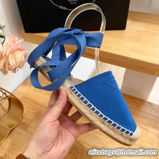 Classic Hot Prada Canvas Flat Espadrilles with Laces Blue 122401