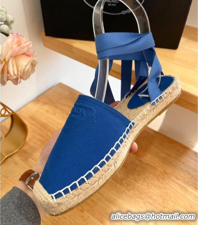 Classic Hot Prada Canvas Flat Espadrilles with Laces Blue 122401