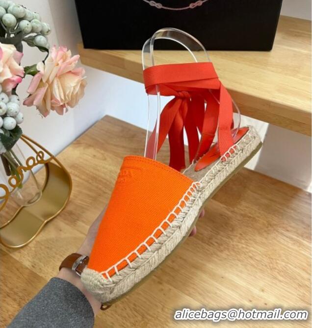 Durable Prada Canvas Flat Espadrilles with Laces Orange 2122402