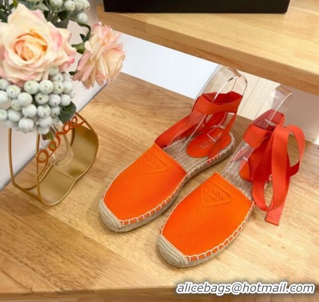 Durable Prada Canvas Flat Espadrilles with Laces Orange 2122402