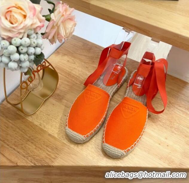 Durable Prada Canvas Flat Espadrilles with Laces Orange 2122402