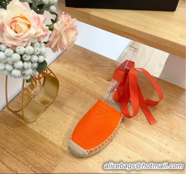 Durable Prada Canvas Flat Espadrilles with Laces Orange 2122402