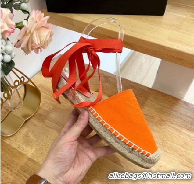 Durable Prada Canvas Flat Espadrilles with Laces Orange 2122402