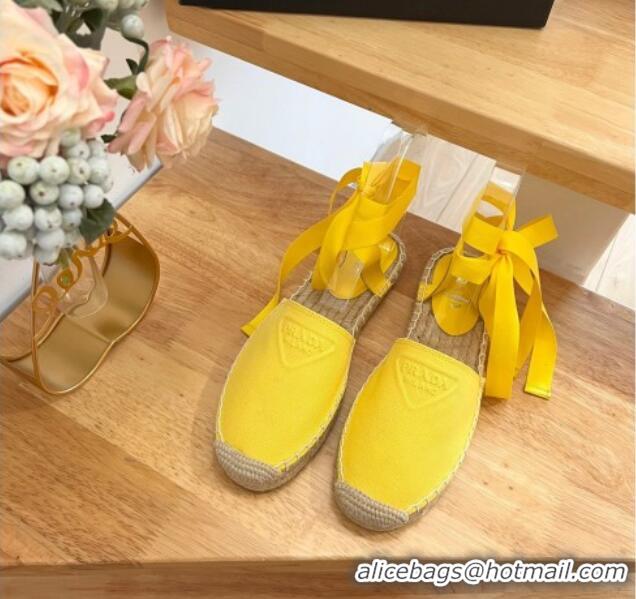 Good Product Prada Canvas Flat Espadrilles with Laces Yellow 122403