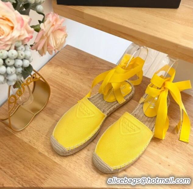 Good Product Prada Canvas Flat Espadrilles with Laces Yellow 122403