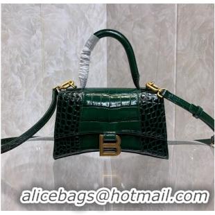 Top Quality Balenciaga HOURGLASS SMALL TOP HANDLE BAG crocodile embossed calfskin B108895E Dark Green