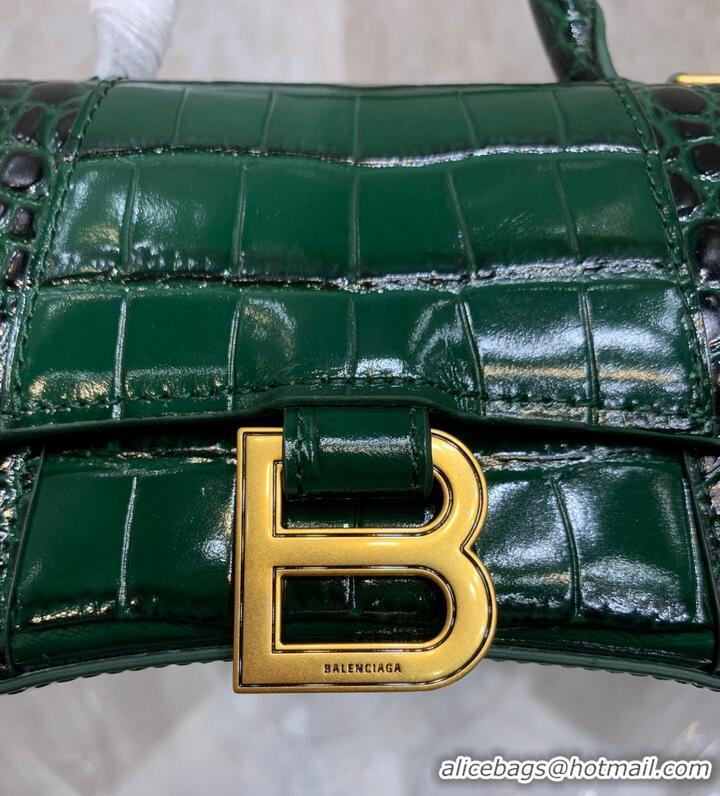 Top Quality Balenciaga HOURGLASS SMALL TOP HANDLE BAG crocodile embossed calfskin B108895E Dark Green