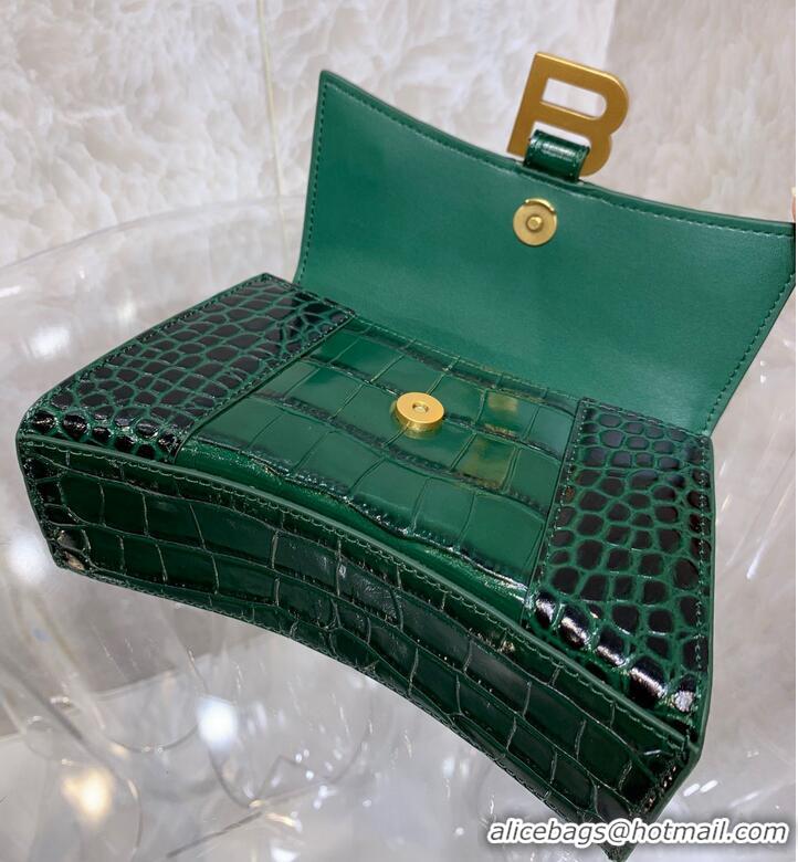 Top Quality Balenciaga HOURGLASS SMALL TOP HANDLE BAG crocodile embossed calfskin B108895E Dark Green