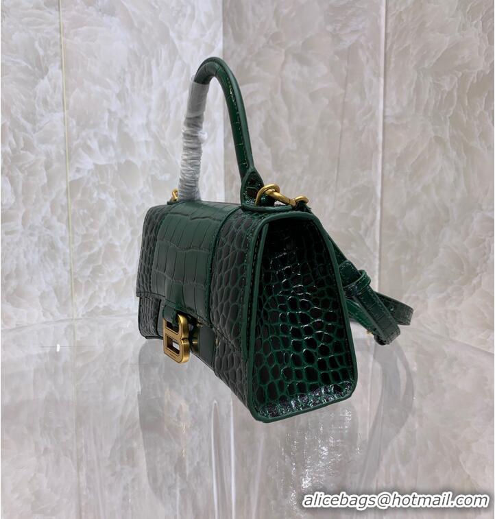 Top Quality Balenciaga HOURGLASS SMALL TOP HANDLE BAG crocodile embossed calfskin B108895E Dark Green