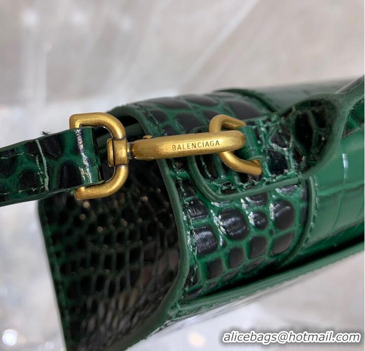 Top Quality Balenciaga HOURGLASS SMALL TOP HANDLE BAG crocodile embossed calfskin B108895E Dark Green