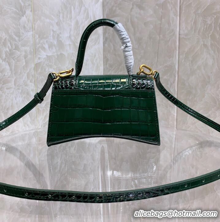 Top Quality Balenciaga HOURGLASS SMALL TOP HANDLE BAG crocodile embossed calfskin B108895E Dark Green