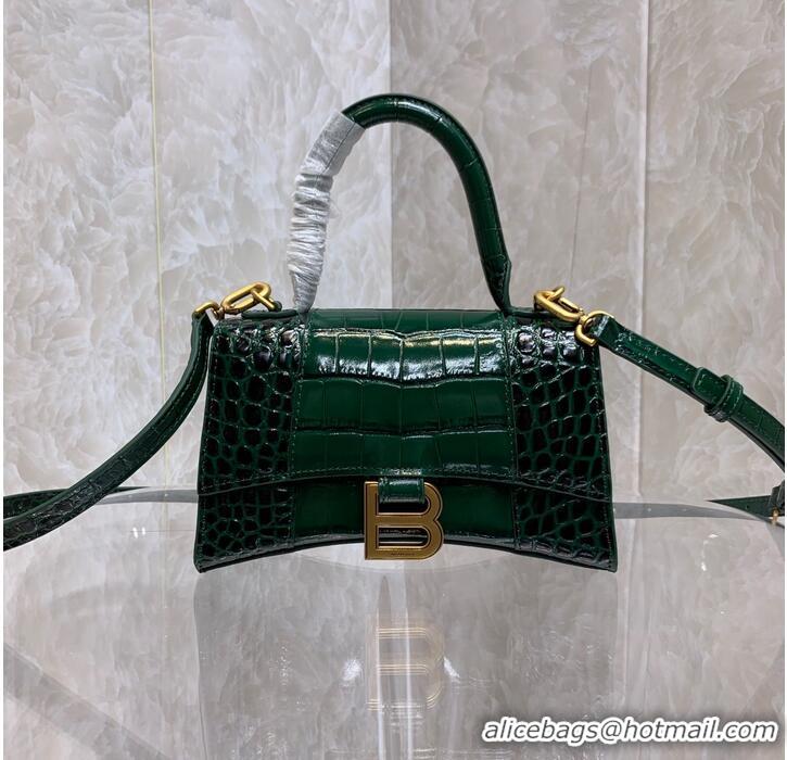 Top Quality Balenciaga HOURGLASS SMALL TOP HANDLE BAG crocodile embossed calfskin B108895E Dark Green