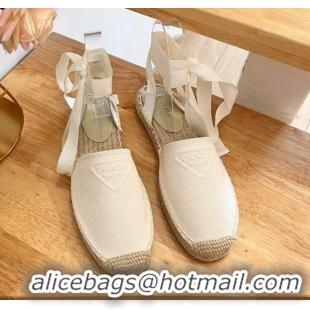 Comfortable Prada Canvas Flat Espadrilles with Laces White 122405