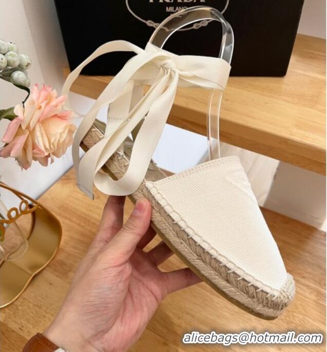 Comfortable Prada Canvas Flat Espadrilles with Laces White 122405