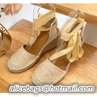 Popular Style Prada Canvas Wedge Espadrilles with Laces Beige 122406