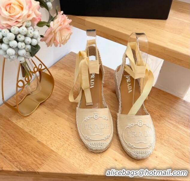 Popular Style Prada Canvas Wedge Espadrilles with Laces Beige 122406