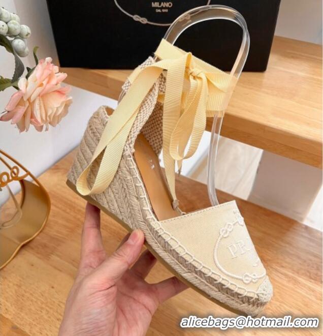 Popular Style Prada Canvas Wedge Espadrilles with Laces Beige 122406