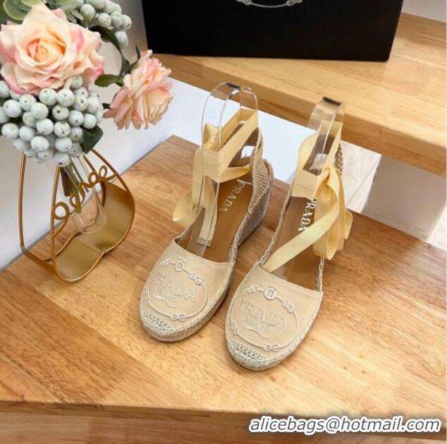 Popular Style Prada Canvas Wedge Espadrilles with Laces Beige 122406