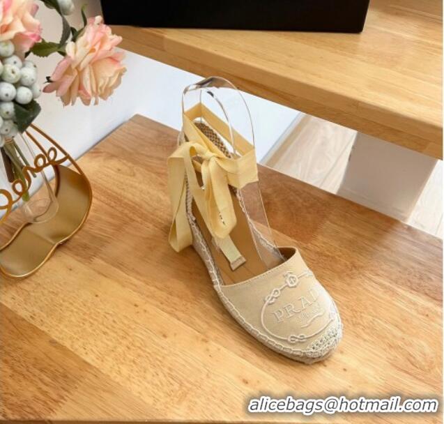 Popular Style Prada Canvas Wedge Espadrilles with Laces Beige 122406